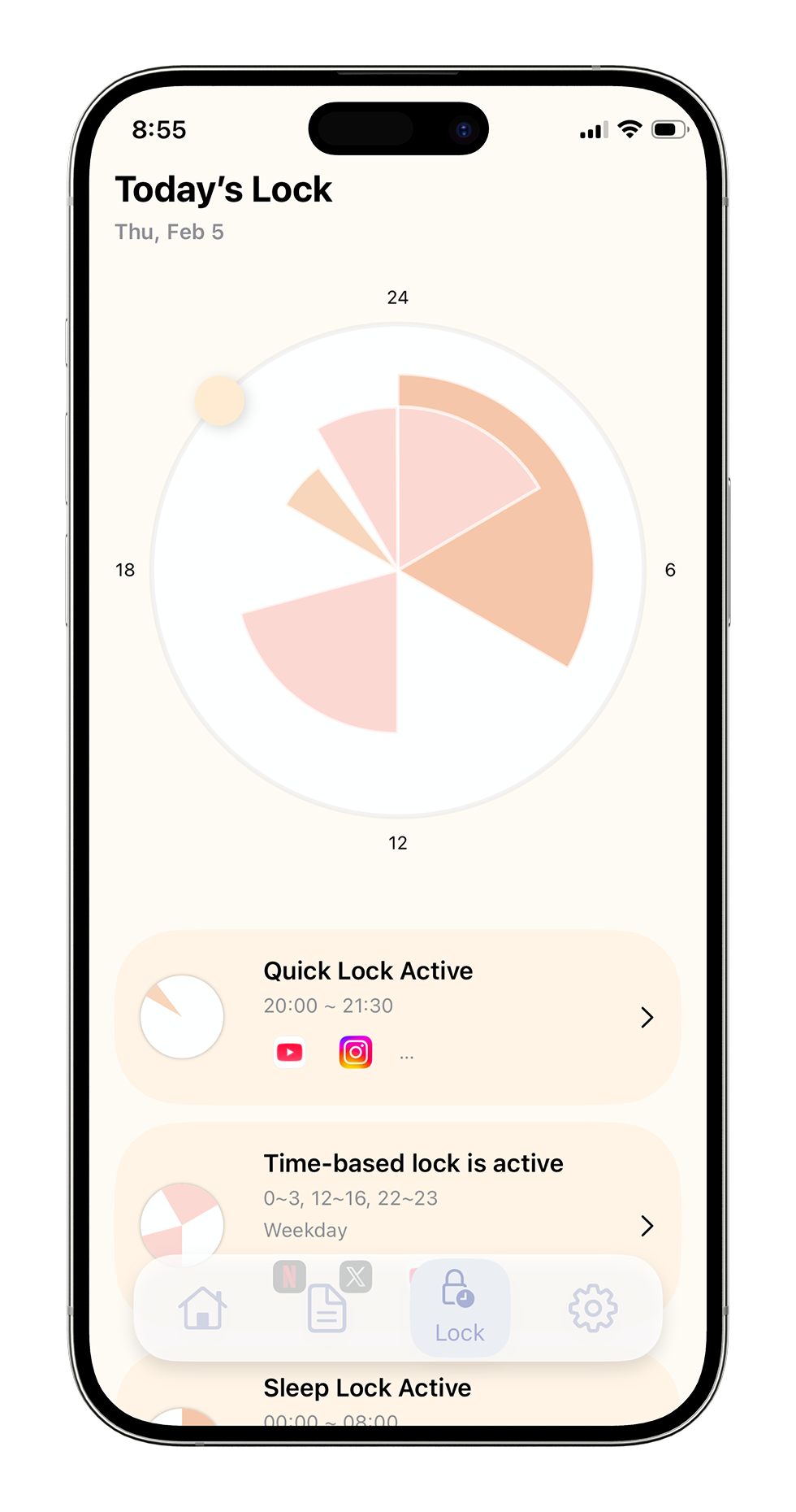 NoopDda lock mode UI showing today's lock schedule